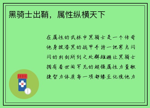 黑骑士出鞘，属性纵横天下